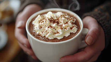Warm Embrace of Chocolate: A comforting scene of a steaming cup of hot chocolate, topped with a swirl of whipped cream, held gently in hands, creating a sensory experience. Capturing warmth and cozy.