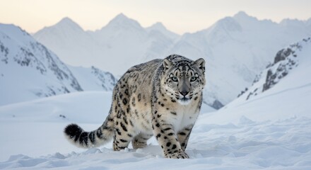Obraz premium Majestic snow leopard prowls through snowy mountain landscape