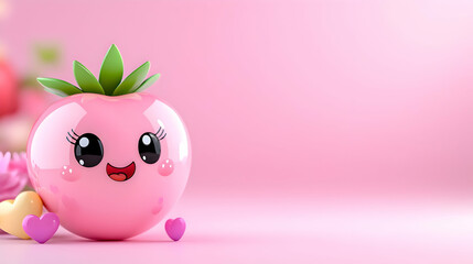 Cute Kawaii Pink Strawberry with Smiling Face and Hearts