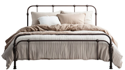 Elegant metal bed frame with cozy bedding and pillows isolated on transparent background, PNG