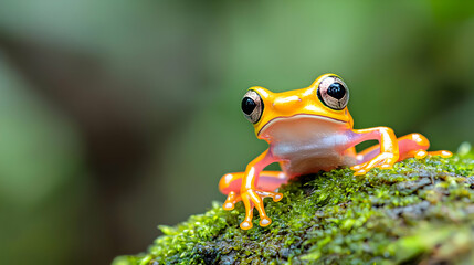 Golden frog on moss, rainforest background, nature photography, wildlife