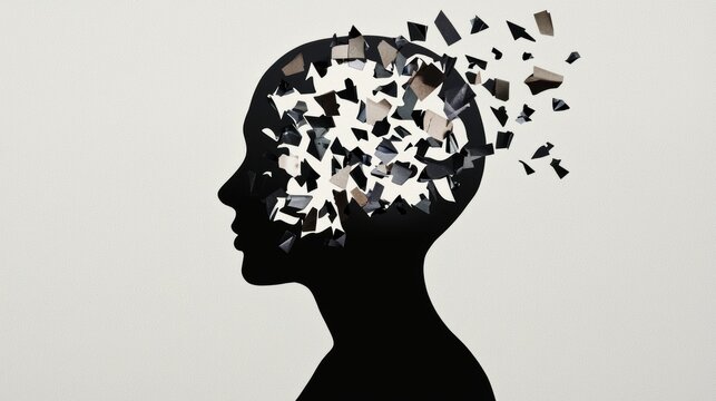 Symbolic image of burnout and mental exhaustion, dark silhouette with chaotic paper fragments representing stress, worry, and negative emotions