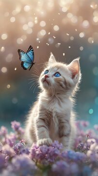 cat looks at a butterfly