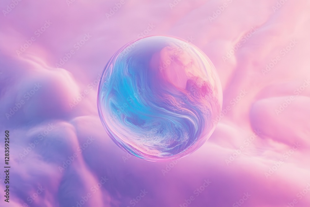 Wall mural iridescent soap bubble floating in void prismatic colors macro photography minimalist composition