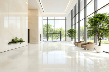 Modern Lobby Design, Spacious Hall with Bright Sunlight Streaming Through Large Windows, Enhancing the Elegant Atmosphere. Tranquil chairs near potted plants.