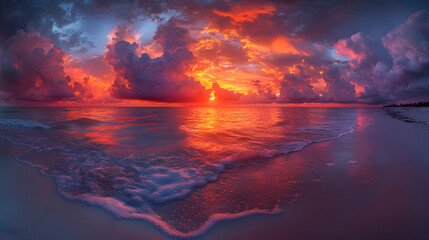 Fototapeta premium Fiery Sunset on the Shore: The sun dips below the horizon, painting the sky with vibrant shades of orange and red, mirroring on the tranquil water's surface, creating a moment of pure, natural beauty.