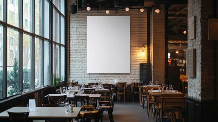 Modern cafe interior featuring brick walls, large windows, and a blank poster for logo display