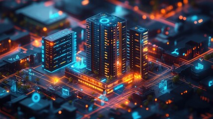 Obraz premium Illustration of a 3D condominium icon with digital marketing symbols and real estate price analytics surrounding it