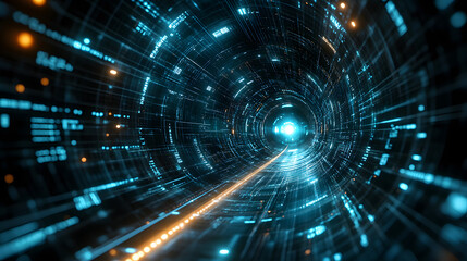 Obraz premium Digital Tunnel of Progress: A mesmerizing visualization of a futuristic digital tunnel, glowing with data streams and energetic light.