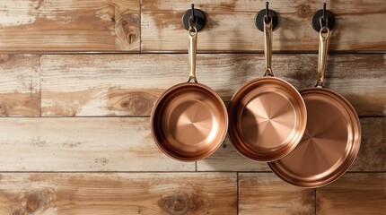 A set of gleaming copper pans hanging against a rustic wooden wall. Ideal for illustrating kitchenware, cooking, and farmhouse-style decor