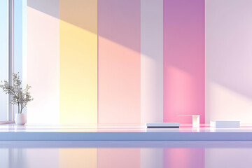 Pastel Room with Minimalist Display Platforms, Bright Sunlight Streaming in Through Large Window, Adding a Touch of Serenity and Calm.