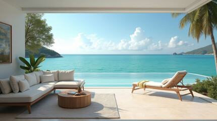 Obraz premium Open terrace with a soft sofa against the backdrop of the turquoise sea