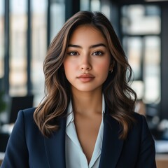 Professional woman in office setting portrait of a young Hispanic professional woman with warm brown eyes and sleek dark brown hair, wearing a tailored navy blazer and a white blouse. 