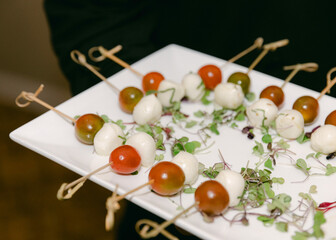 Delicious appetizer platter featuring mozzarella balls and cherry tomatoes served elegantly at a gathering