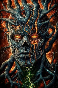 Monstrous demon emerges, a horror creature in dark fantasy. Warlord Surrounded by Demonic Beasts and Spectral Green Energy