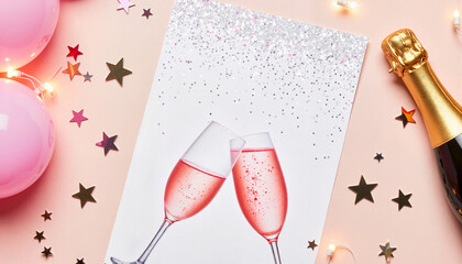 Sparkling pink champagne celebration invitation card, party, invitation, bachelorette party invitation, wedding, anniversary, background, copy space