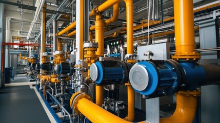 Industrial pipeline system featuring yellow and blue machinery components