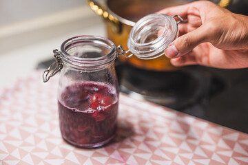 canning cherry jam at home,green lifestyle and low sugar diet,healthy and organic homemade food