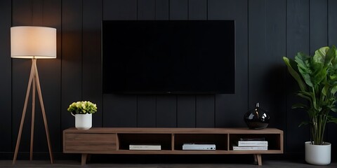 LED TV on the dark wall in living room,minimal design.television, apartment, book, comfort, contemporary, elegant, floor, furniture, indoor, lamp, living, living room, 9456
