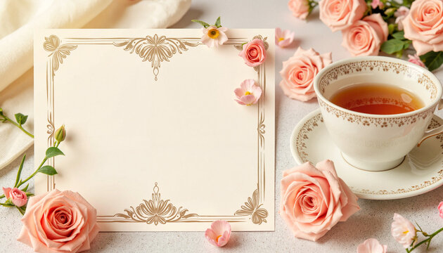 Vintage tea-themed invitation card with roses and teacup, party, invitation, bachelorette party invitation, wedding, anniversary, background, copy space - Powered by Adobe