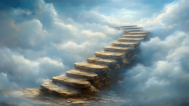 Ascending to Dreams: An ethereal stairway ascends through a celestial expanse of fluffy clouds, symbolizing aspiration and the pursuit of goals, captured with an artistic touch.