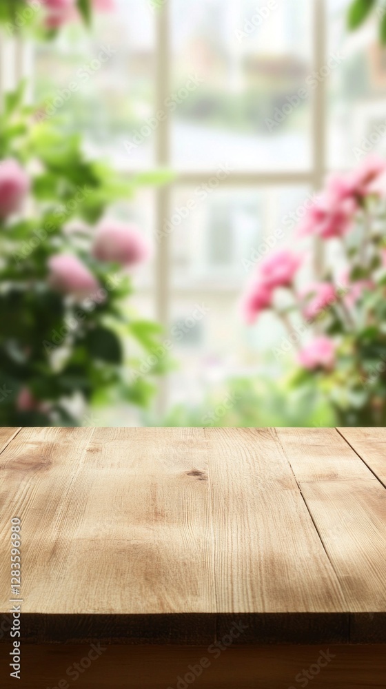 Poster Warm rays of sunlight filter through the window, illuminating a rustic wooden table. Bright flowers blur in the background, creating a serene setting perfect for coffee or creativity