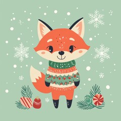Cozy Fox in Winter Wonderland: A delightful illustration of a charming fox, dressed in a festive sweater, standing amidst a gentle snowfall, creating a warm, winter atmosphere.