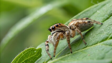 Fototapeta premium Jumping Spider on Leaf: A close-up macro shot of a jumping spider perches delicately on a vibrant green leaf, showcasing intricate details. 