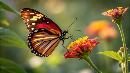Fototapeta premium Butterfly on Flower: A vibrant butterfly, showcasing intricate patterns and vivid colors, delicately rests on a colorful flower, capturing a moment of nature's exquisite beauty.