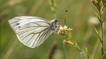 Delicate Beauty: A striking butterfly with intricate patterns perches gently on a delicate wildflower, showcasing the simple beauty of nature in vivid detail.