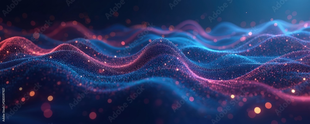 Poster Abstract tech background with flowing lines and dots on dark backdrop. Blue and pink wavy energy surface for digital projects. Dynamic backdrop with texture gradient flow ideal for presentations.