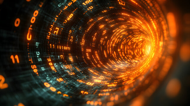 Digital Data Tunnel: A mesmerizing, abstract tunnel composed of glowing binary code and data streams. The image represents the concept of digital information, connectivity, and the virtual world.