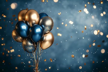 Holiday background with golden and blue metallic balloons, confetti and ribbons. Festive card for birthday party, anniversary, new year, christmas or other events. 

