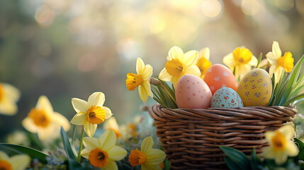 Pastel Easter eggs with spring flowers, a festive celebration of renewal and joy.
