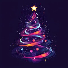 Whimsical Christmas: An enchanting Christmas tree illustration with bright colors against a dark background, capturing the holiday spirit.