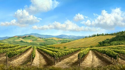 Fototapeta premium Picturesque Vineyard Landscape Under a Bright Blue Sky