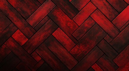 Red herringbone parquet floor creating dramatic geometric pattern