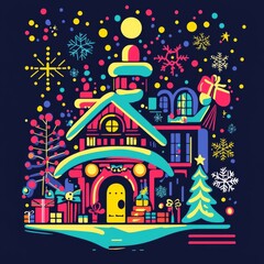 Obraz premium Festive Night: A vibrant illustration captures the enchanting spirit of the holiday season, showcasing a decorated house, surrounded by an array of colorful ornaments, snowflakes.