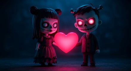 Zombie Couple Holding Glowing Heart Symbol for Spooky Valentine's Day