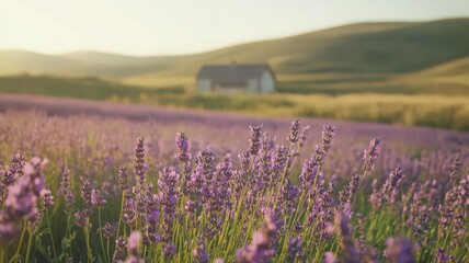 Fototapeta premium Lush Lavender Field with Rolling Hills and Distant House under Soft Sunlight