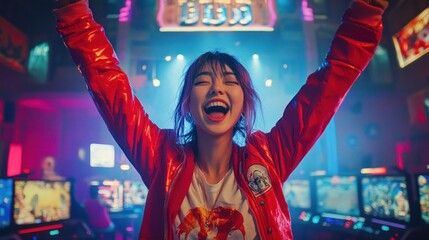 Joyful Asian gamer celebrates victory in lively online gaming environment