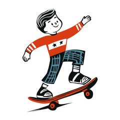 Fototapeta premium Linocut kid play skateboard illustration style red vector