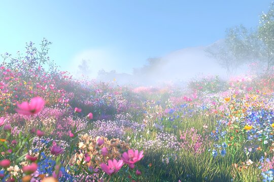 Wildflowers on the grassland in spring and blue sky