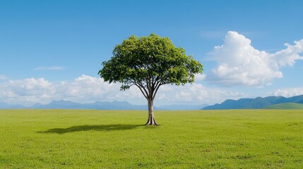 Obraz premium Tree in Green Field under Blue Sky with Distant Mountains