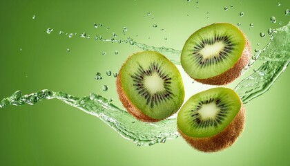 Fresh organic kiwi cut into slices with water drops splash flying in the air, full frame