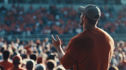 College stadium with the coach giving an inspiring pep talk. Featuring leadership and motivation