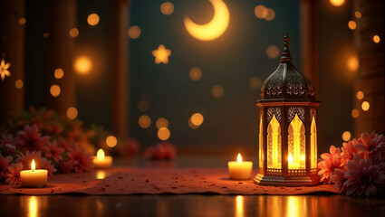 Fototapeta premium Elegant Ramadan Lantern with Glowing Candles and Festive Decor