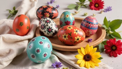 Fototapeta premium Colorful painted eggs arranged on linen with flowers, cultural celebration