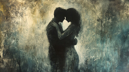 Unfinished Love: Two figures in an old painting coming to life, trying to embrace but fading into brushstrokes.