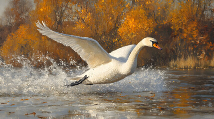 Swan Taking Flight: A majestic swan gracefully takes flight from a serene lake or river, its wings spread wide as it soars into the autumn sky, surrounded by the vibrant hues of fall foliage.